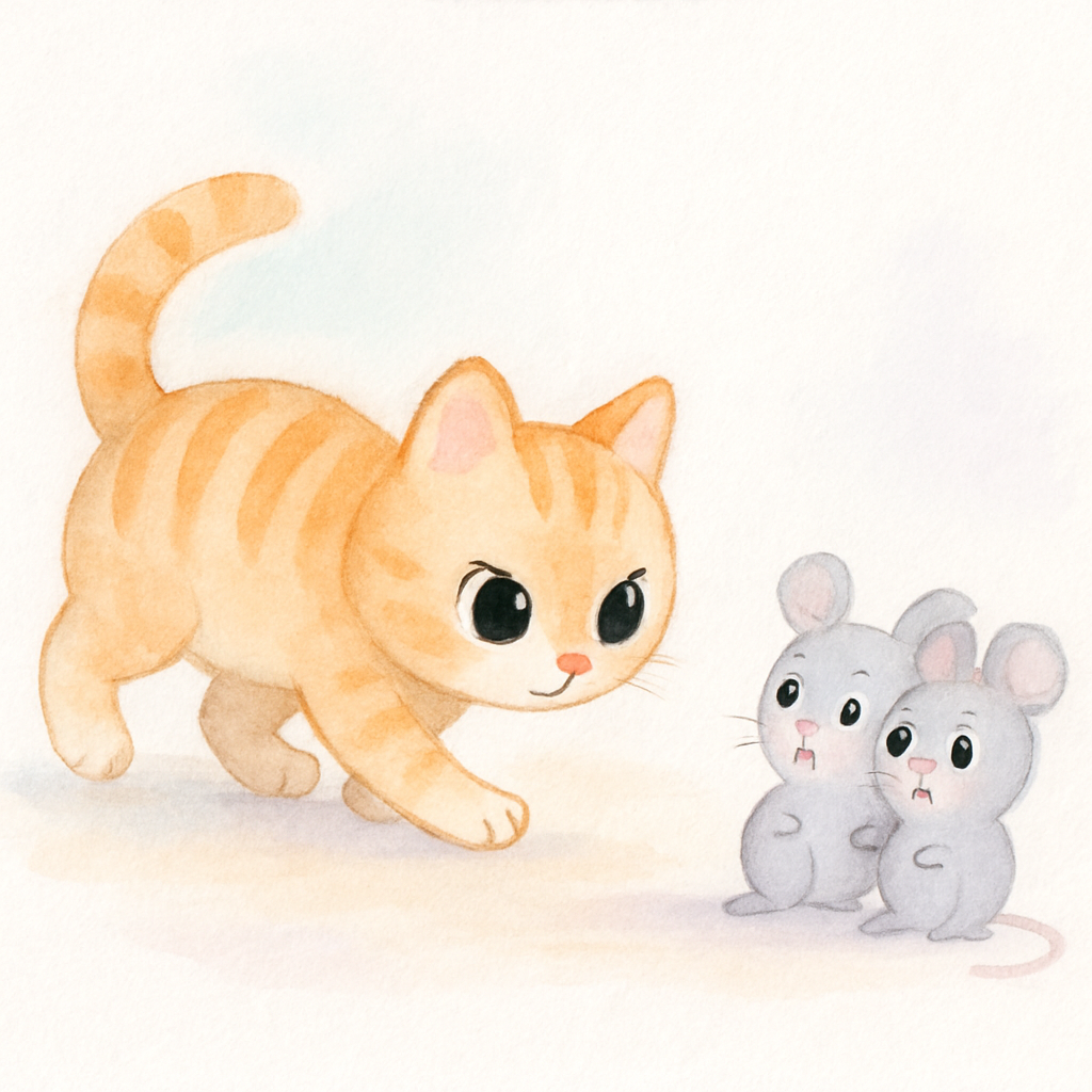 발소리 없이 살금살금 다가오는 고양이와 놀라는 생쥐들